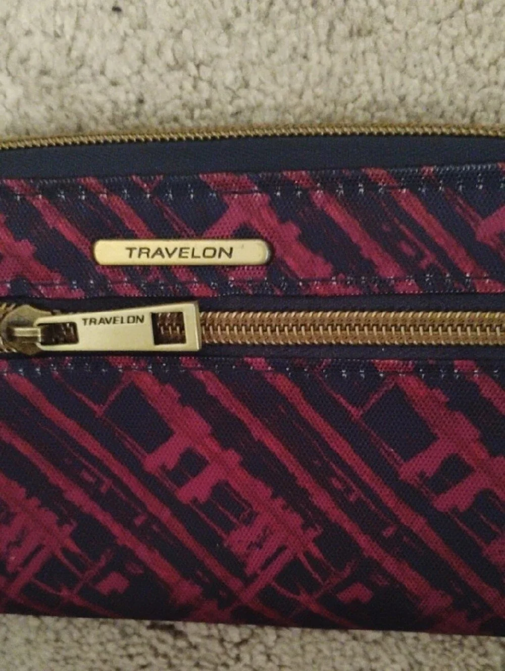 Travelon Navy and Purple Patterned Zip Wallet with Gold Hardware.Like New